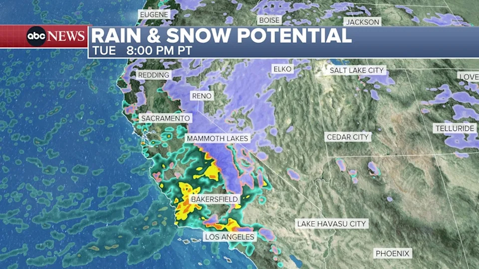 ABC News - PHOTO: Rain and snow potential on Tuesday.