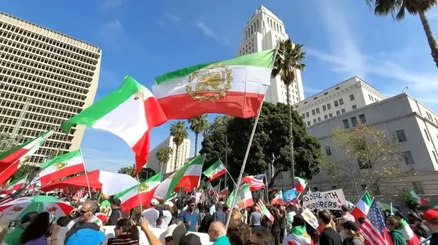 A large crowd of demonstrators gathered in downtown Los Angeles Saturday to voice their opposition to the regime in Iran and to support the Iranian people's fight for freedom on Feb. 14, 2026. (KTLA)
