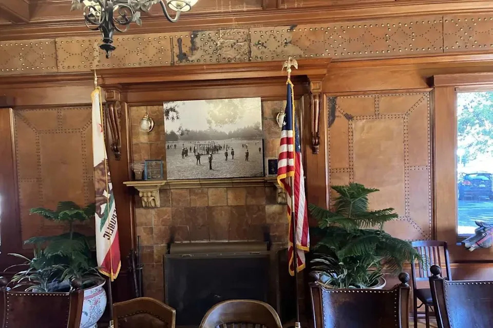 Water damage above the fireplace in the historic meeting room at McLaren Lodge. (Sam Whiting/S.F. Chronicle)