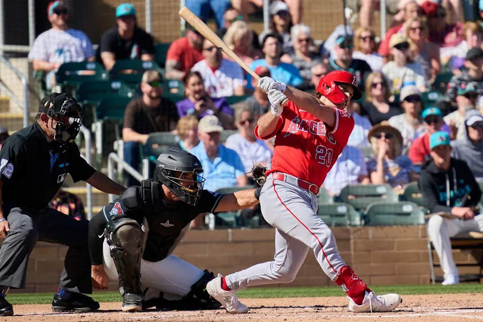 The Los Angeles Angels infielder Adam Frazier (20) at bat against The Arizona Diamondbacks ,February 22nd, 2026 in Scottsdale Arizona.