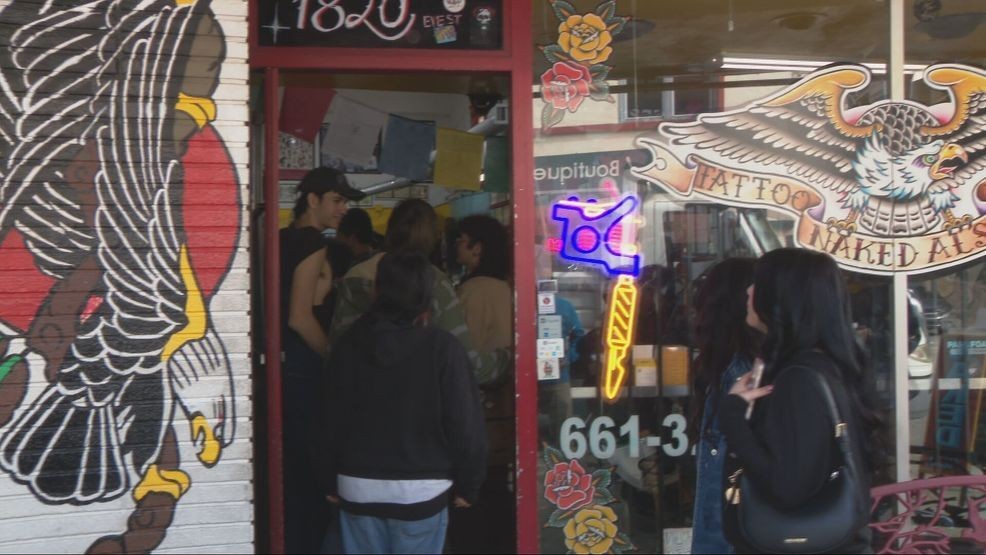 In downtown Bakersfield, long lines formed outside Naked Al's Tattoos on Friday morning for their Friday the 13th tattoo deals. PHOTO: KBAK/KBFX