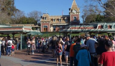 People waiting outside the entrance to Disneyland Park in Anaheim, California.