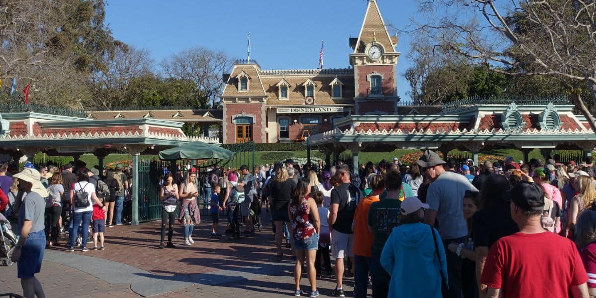 People waiting outside the entrance to Disneyland Park in Anaheim, California.