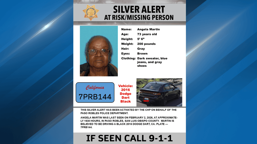 Kern County is included in a Silver Alert for a missing 73-year-old Angela Martin, who was last seen in Paso Robles on Monday. PHOTO: CHP