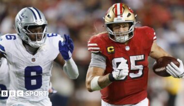 George Kittle of the San Francisco 49ers runs with the ball after a catch against the Dallas Cowboys in October 2024
