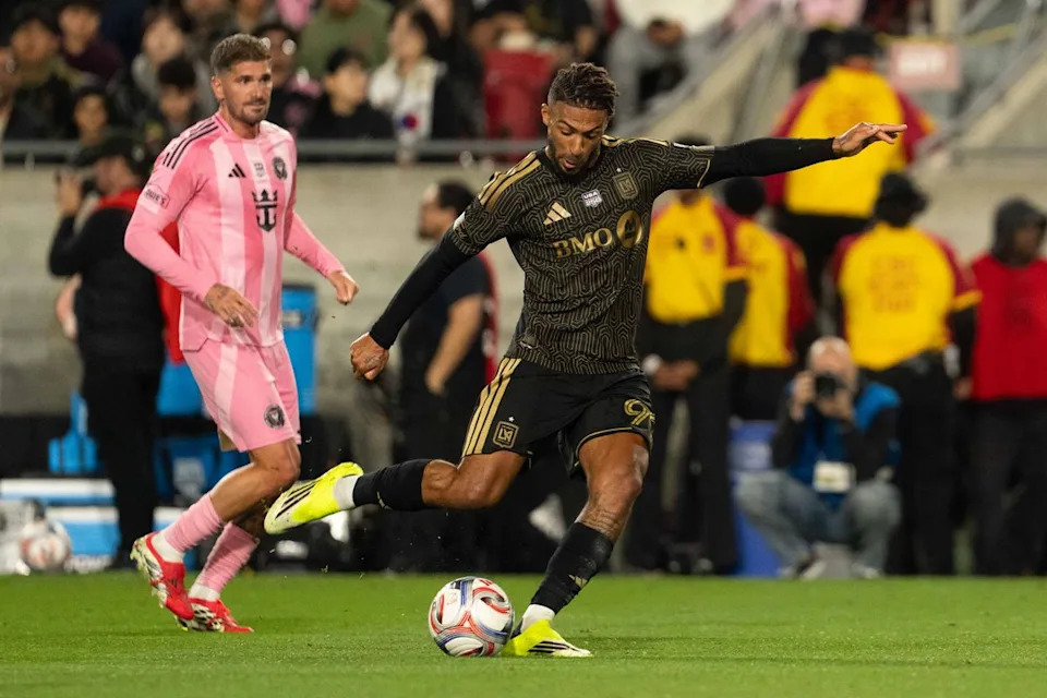 LAFC forward Dennis Bouanga (99) attempts to score during an MLS soccer game against Inter Miami CF, Saturday February 21st, 2026 in Los Angeles, California.