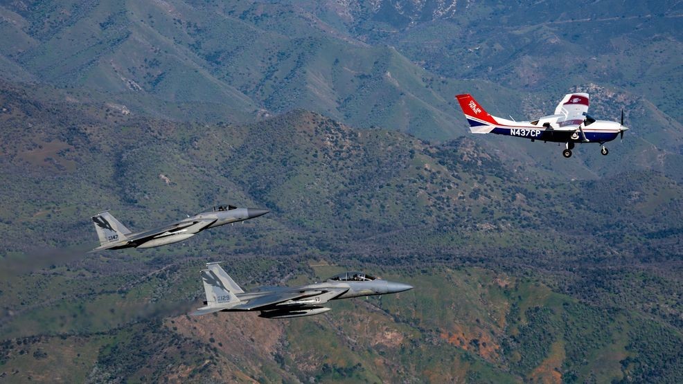 On Wednesday, F-15 fighter aircraft from the 144th conducted a live-fly exercise, in coordination with the Civil Air Patrol, simulating a Temporary Flight Restriction (TFR) violation intercept near the Fresno Air National Guard Base. (Photo: Michael Sparks)