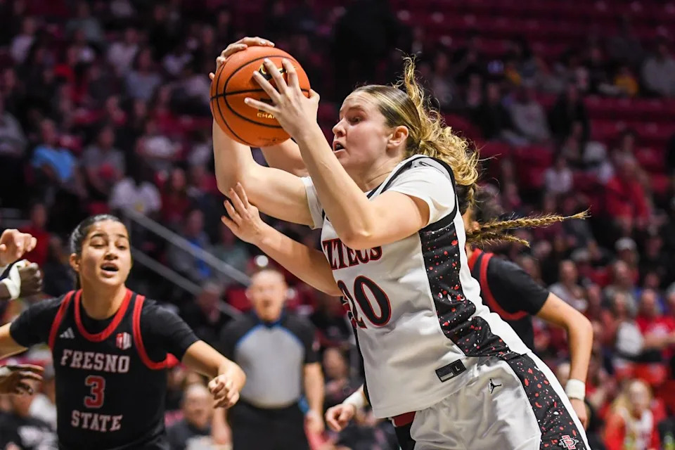 SDSU forward Bailey Barnhard (20) shoots the ball during an NCAA Women’s Basketball game against Fresno State Saturday February 21, 2026 in San Diego, California.