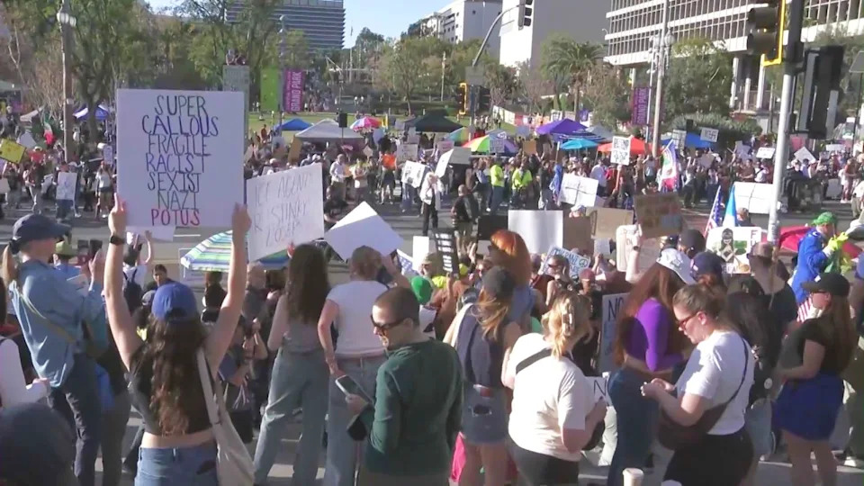 Hundreds of demonstrators gathered in downtown Los Angeles on Saturday, Jan. 31, 2026, for a second-straight day of protests against the Trump administration's immigration enforcement operations. (KTLA)