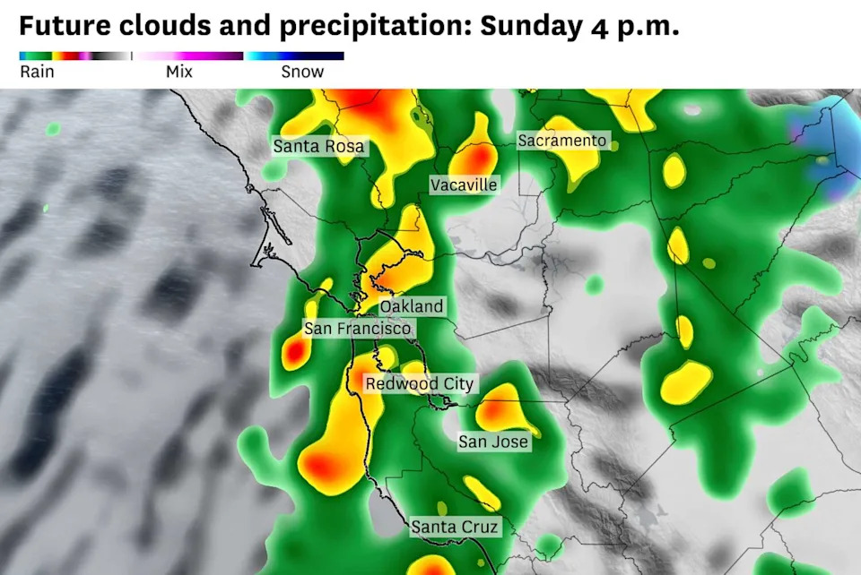 Moderate to heavy rain showers are expected across the Bay Area on Sunday afternoon. (Baron/Lynx)