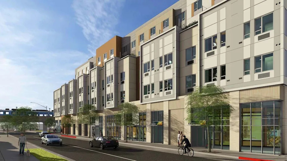 The first phase of Mandela Station, a 240-unit affordable apartment building, is set to break ground in May on BART-owned land at the West Oakland station. (OA Architects/Courtesy of OA Architects)