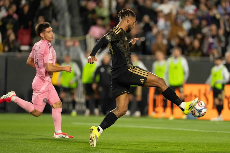 LAFC forward Dennis Bouanga (99) scores a goal during an MLS soccer game against Inter Miami CF, Saturday February 21st, 2026 in Los Angeles, California.