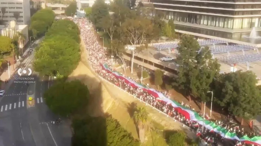 A large crowd of demonstrators gathered in downtown Los Angeles Saturday to voice their opposition to the regime in Iran and to support the Iranian people's fight for freedom on Feb. 14, 2026. (Citizen App)