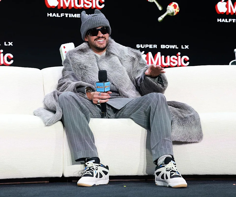 san francisco, california february 05: bad bunny appears onstage during the super bowl lx pregame apple music super bowl lix halftime show press conference at moscone center west on february 05, 2026 in san francisco, california. (photo by kevin mazur/getty images for roc nation)