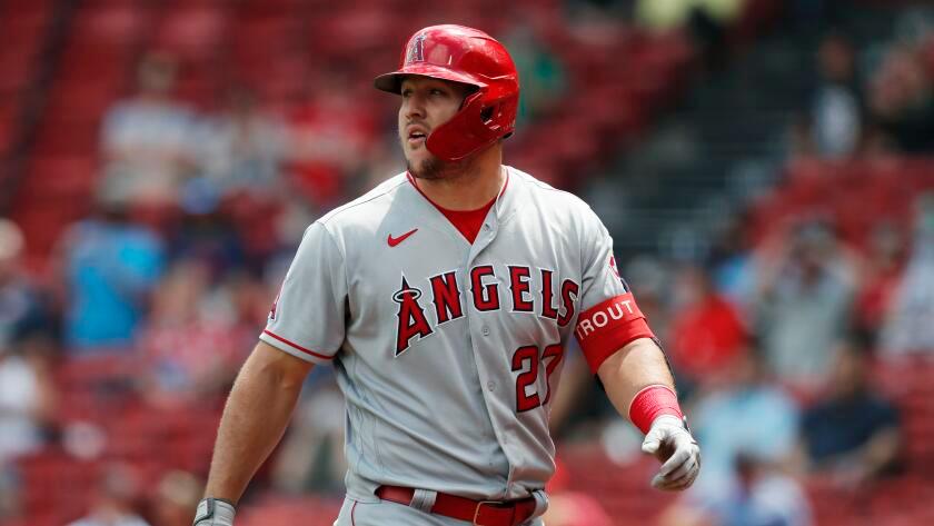 Los Angeles Angels' Mike Trout plays against the Boston Red Sox during the first inning of a baseball game.