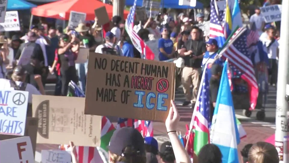 Hundreds of demonstrators gathered in downtown Los Angeles on Saturday, Jan. 31, 2026, for a second-straight day of protests against the Trump administration's immigration enforcement operations. (KTLA)