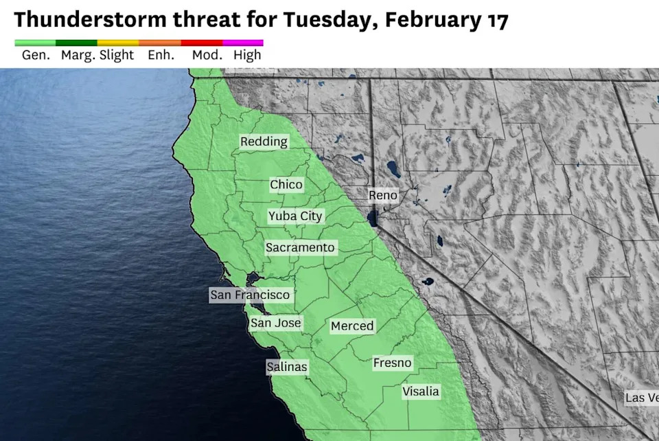 The National Weather Service Storm Prediction Center forecasts a general risk of thunderstorms across much of California on Tuesday, with small hail and gusty winds being the main threat. (Baron/Lynx)