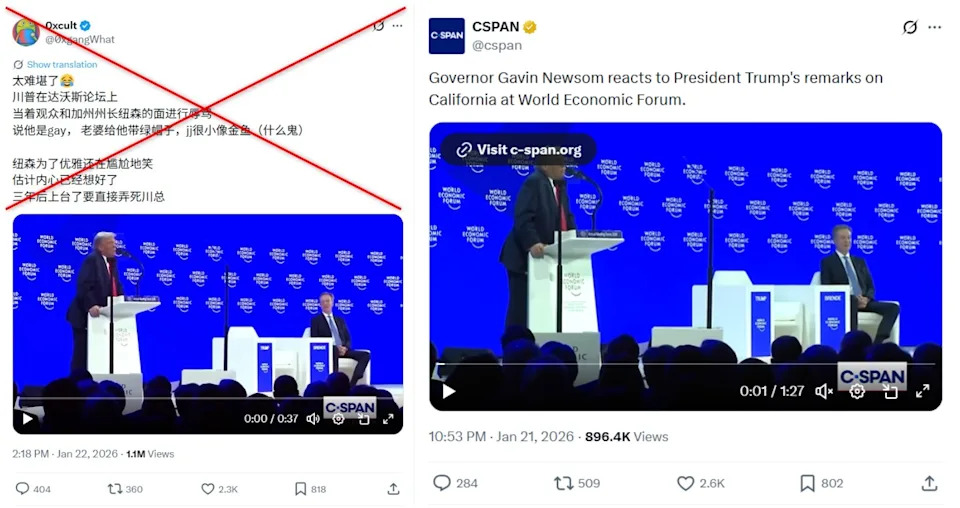 <span>Screenshot comparison of the falsely shared X post (L) and the C-SPAN video </span>