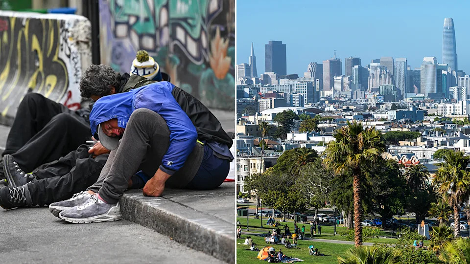 Homeless in San Francisco and San Francisco skyline split image