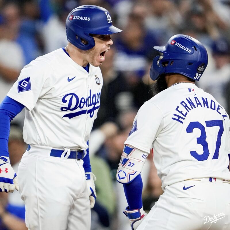 Freddie Freeman and Teoscar Hernandez after the Dodgers defeat the Yankees