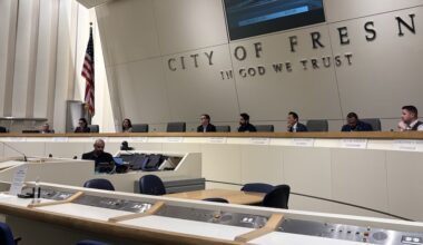 a person speaks to a city council dais gathering of members