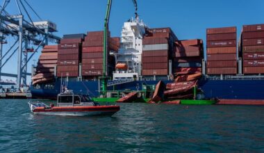 A view of collapsed containers on the Mississippi while berthed at the Port of Long Beach