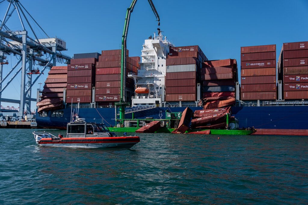 A view of collapsed containers on the Mississippi while berthed at the Port of Long Beach