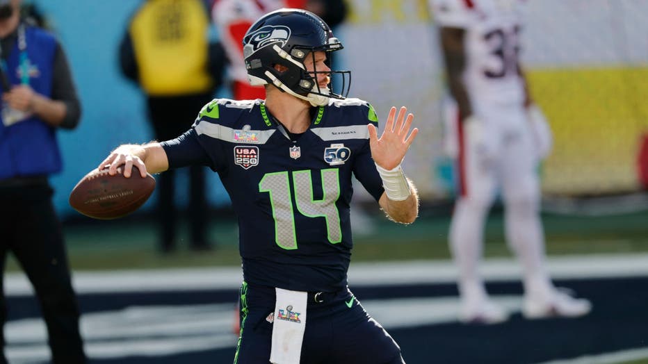Sam Darnold (14) of the Seattle Seahawks warms up prior to the start of the Seattle Seahawks versus the New England Patriots Super Bowl LX game on February 8, 2026, at Levi's Stadium in Santa Clara, CA. (Photo by Bob Kupbens/Icon Sportswire via Getty Images)