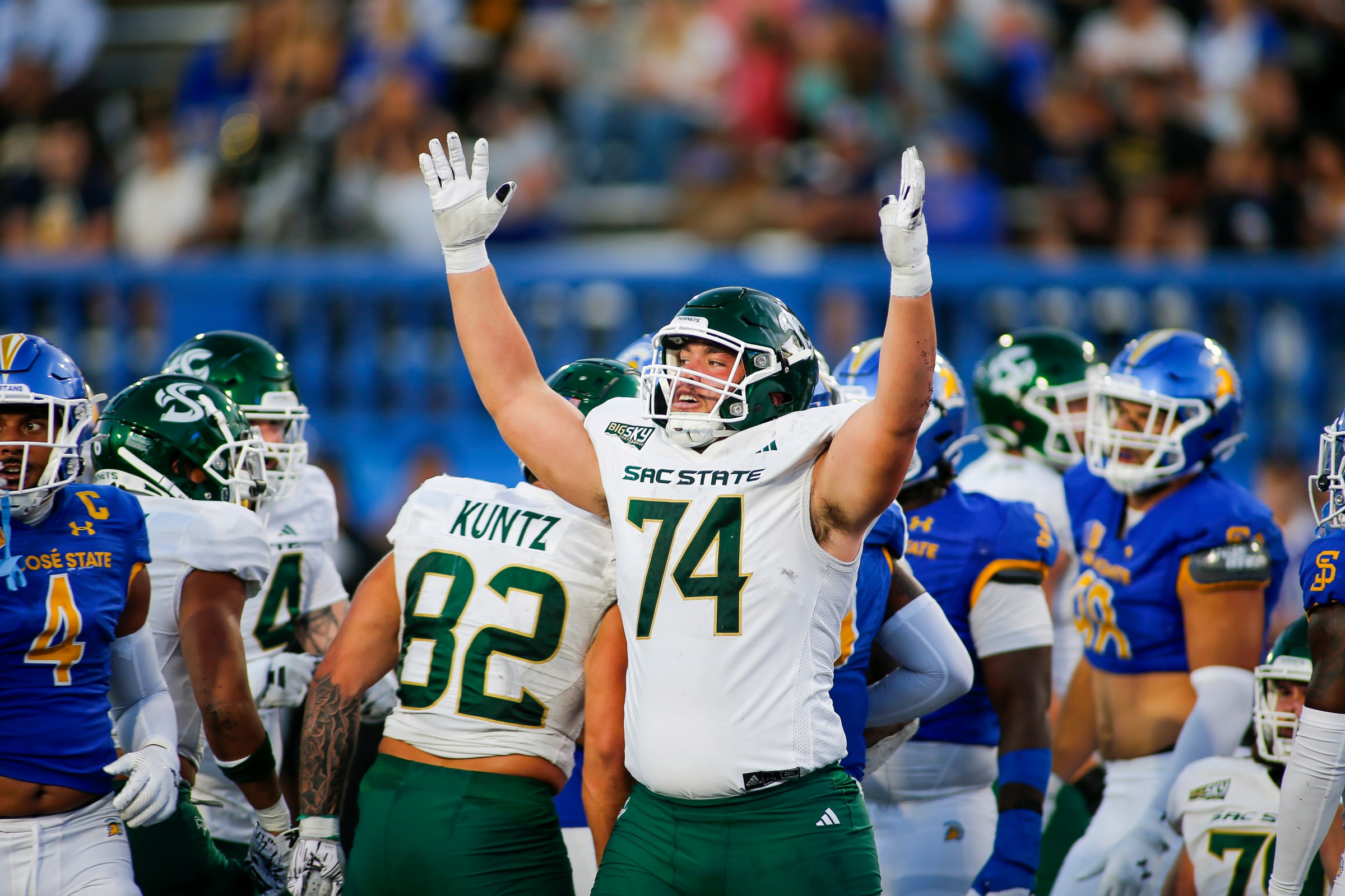 SAN JOSE, CA - AUGUST 29: Sacramento State Hornets OL Aidan Meek (74) signals touchdown in the game between the Sacramento State Hornets and the San Jose State Spartans on August 29, 2024 at CEFCU Stadium in San Jose, CA. (Photo by Larry Placido/Icon Sportswire via Getty Images)