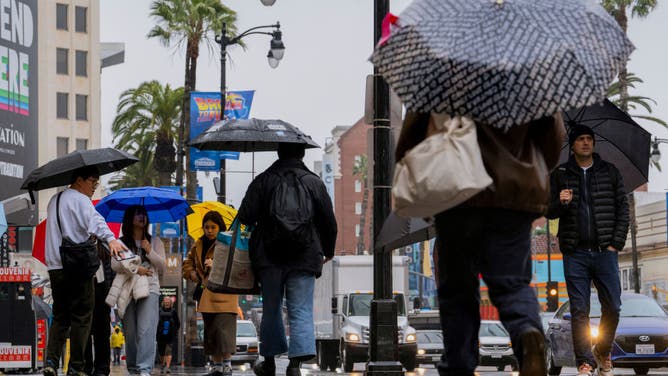 Pedestrians cross Hollywood Boulevard under umbrellas in Los Angeles on February 13, 2025.
