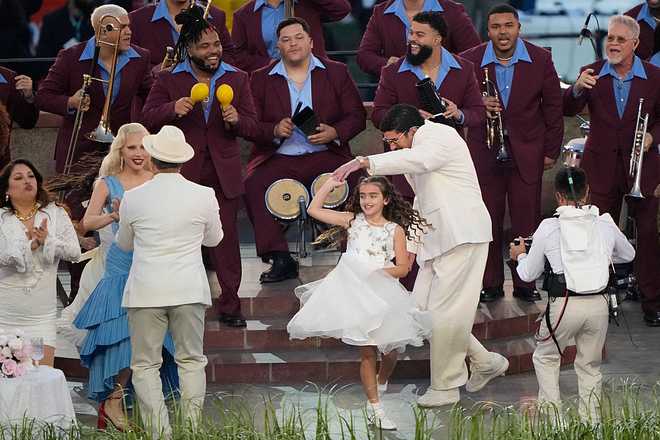 SANTA CLARA, CALIFORNIA - FEBRUARY 08: Bad Bunny performs onstage during the Apple Music Super Bowl LX Halftime Show at Levi's Stadium on February 08, 2026 in Santa Clara, California. (Photo by Thearon W. Henderson/Getty Images)