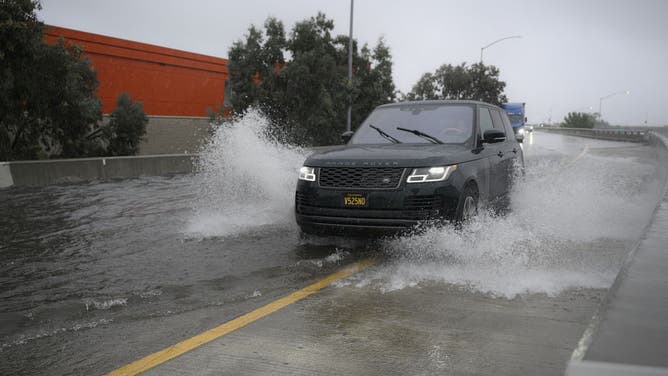 CALIFORNIA, USA - FEBRUARY 16: A view of flash flood on I-405 Highway near Sawtelle neighborhood during heavy rain in Los Angeles, California, United States on February 16, 2026. 