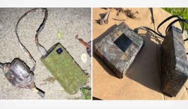 Two photos show homemade camouflaged walkie-talkie devices made with green and brown materials, wired together, and placed on outdoor surfaces such as concrete and cardboard.