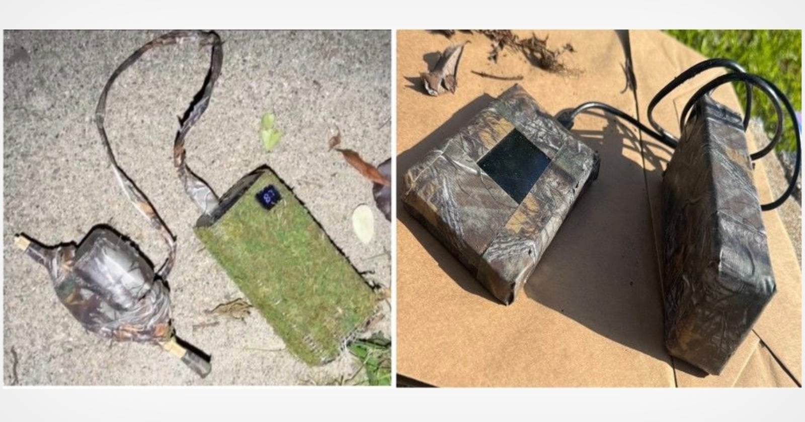 Two photos show homemade camouflaged walkie-talkie devices made with green and brown materials, wired together, and placed on outdoor surfaces such as concrete and cardboard.