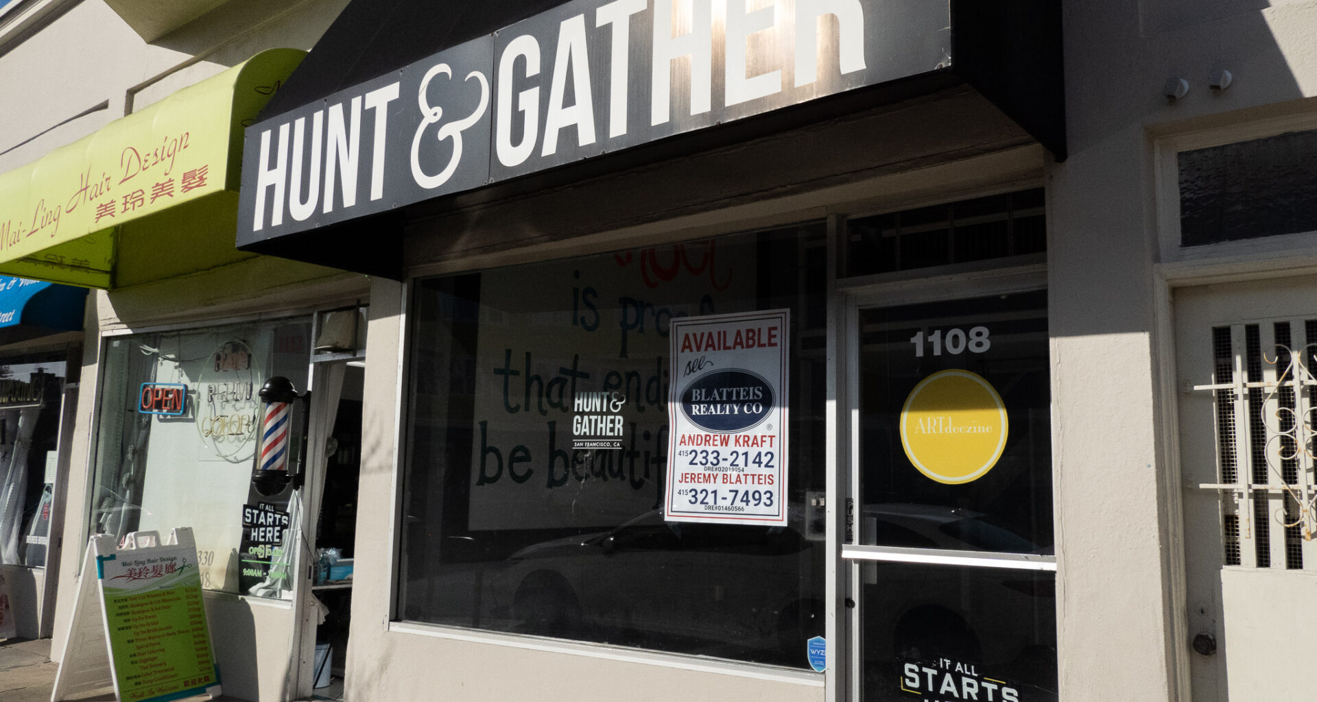 Storefront with a black awning labeled "Hunt & Gather" and several signs in the window, including "Available Platters" with contact numbers and "It all starts here SF.