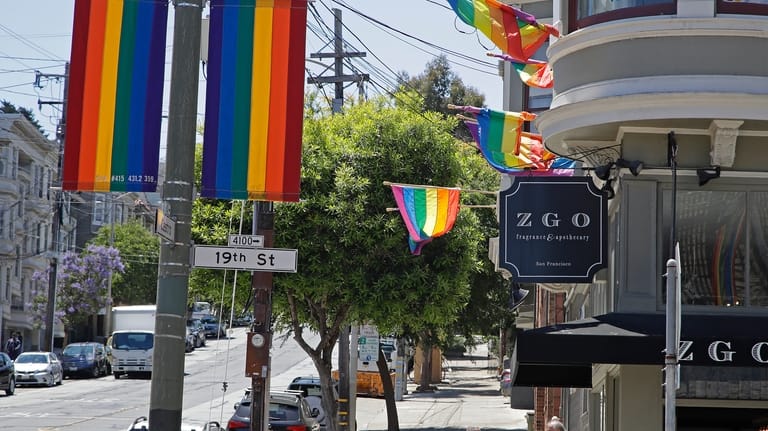 Rainbow banners hang in the Castro District Thursday, June 25,...