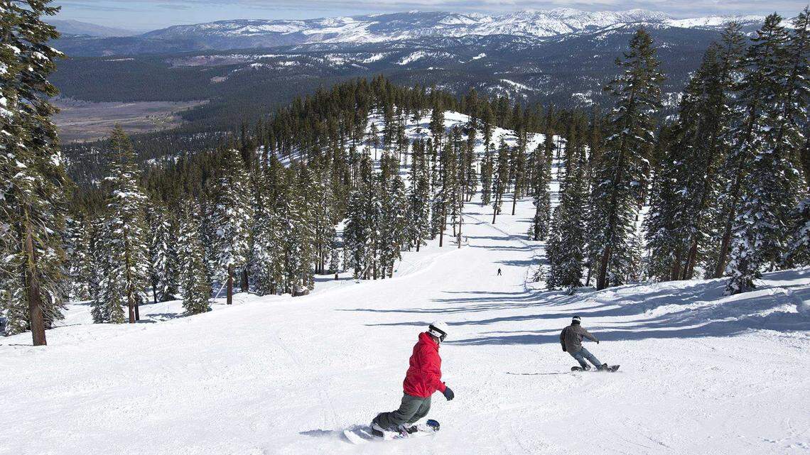 Snowboarders head down a run at Northstar ski resort in 2016. A 53-year-old Bay Area man died in a skiing accident on the Polaris black diamond trail on Sunday, and a 26-year-old Los Angeles man died on Martis Trail at the resort on Feb. 6, 2026, according to the Placer County Sheriff’s Office.