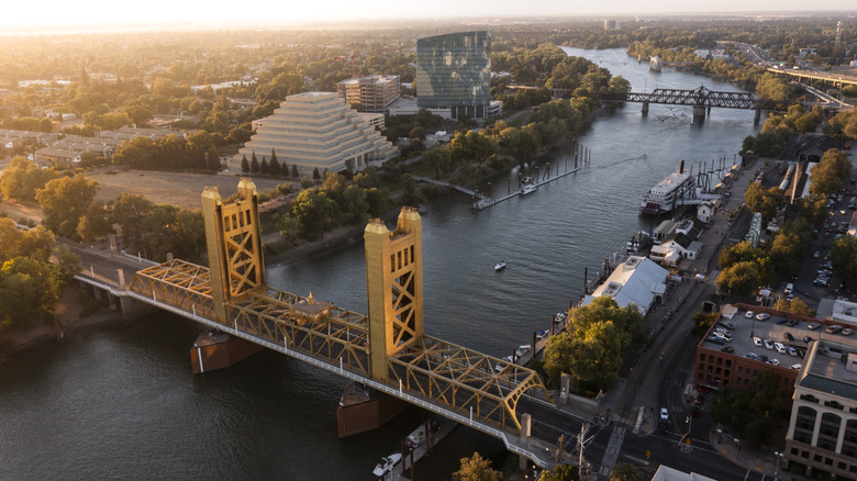 Aerial view of bridge in Sacramento at sunset