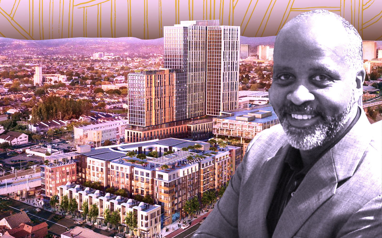 Strategic Urban Development Alliance's Alan Dones and a rendering of Mandela Station at 1451 Seventh Street in Oakland (Getty, Mandela Station LLC, LinkedIn/Alan Dones)
