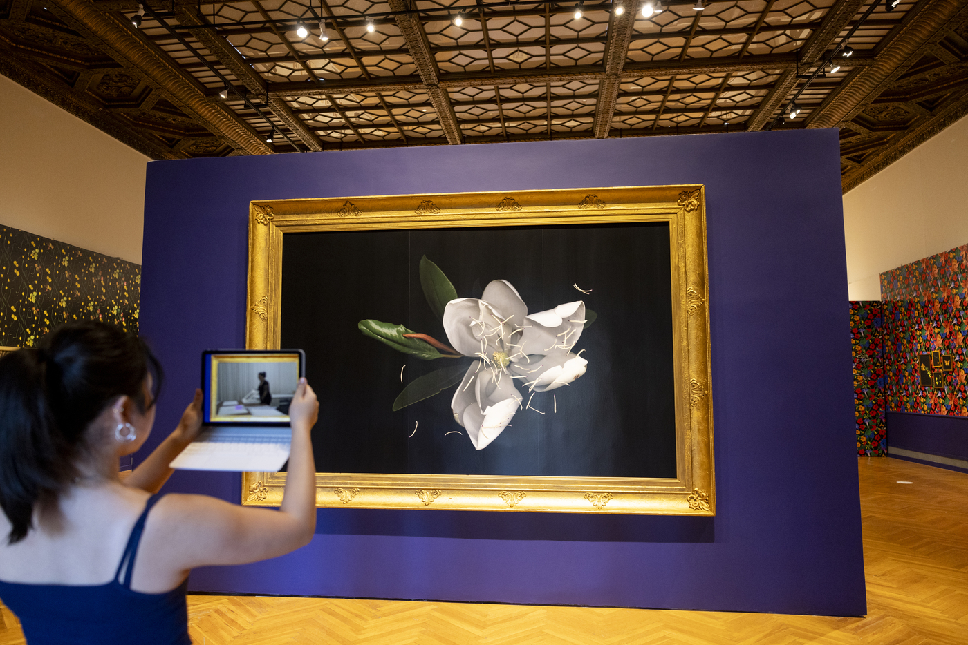 A young woman in the left corner of the frame stands in a museum gallery with her back to the camera, holding a tablet horizontally in front of her. She is wearing a dark tank-top and her black, straight hair are pulled in a pony tail. In front of the woman is a bright purple wall, built in the middle of the gallery space, with a painting of a white flower with a few green leaves on a dark background, in a golden frame. The gallery space has yellow wooden floor and dark wood carved tray ceiling. Large colorful artworks hang on the left and right walls of the space.