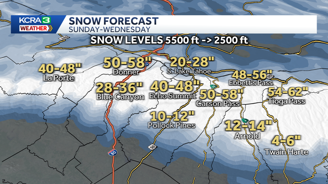 Northern California forecast snow totals as of 6 a.m. Feb. 16, 2026 Northern California forecast snow totals as of 6 a.m. Feb. 16, 2026