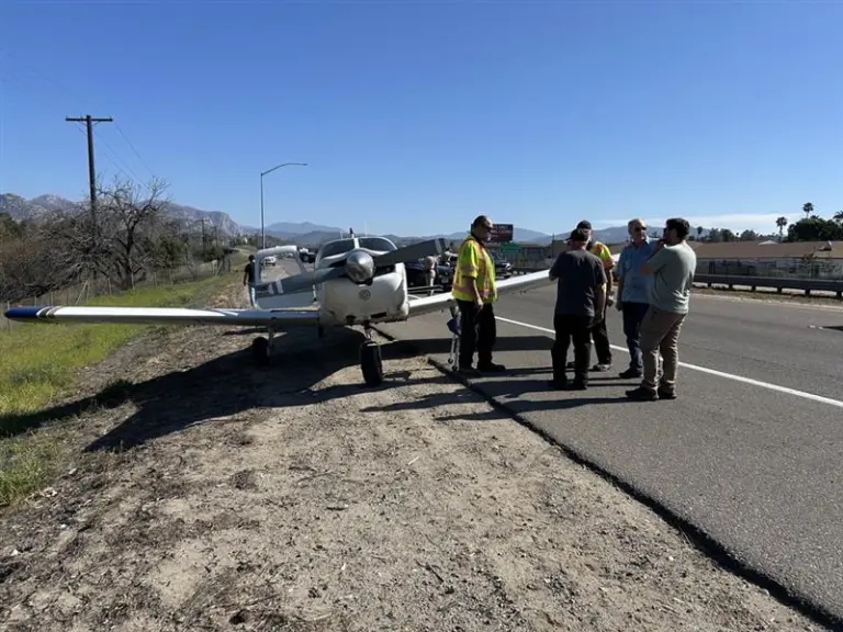 A small plane on the shoulder of a highway after an emergency landing, with several people standing nearby.