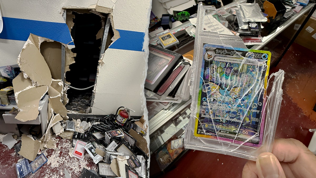 A whole in the store's wall and damaged Pokémon card