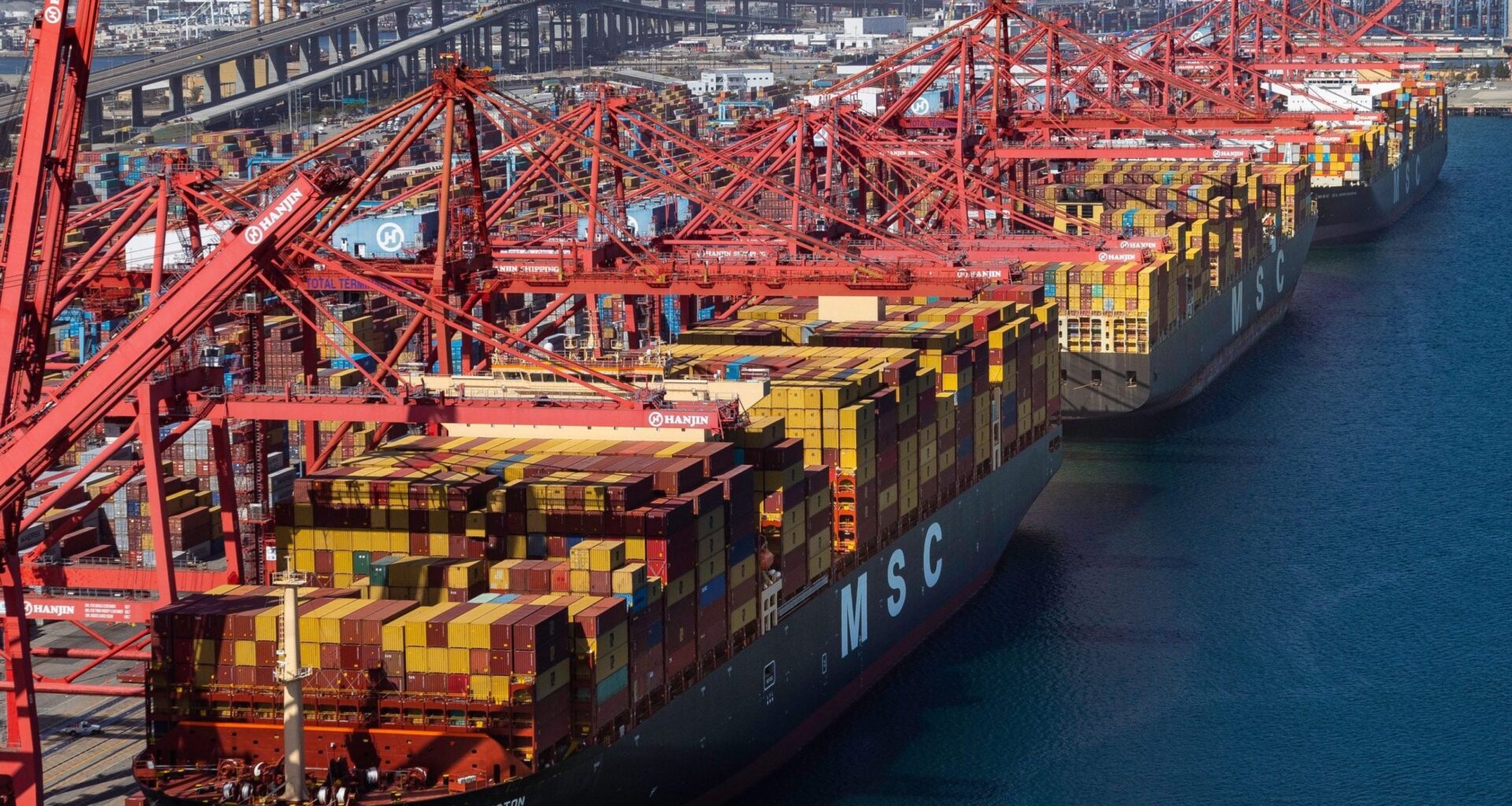 Aerial photo of MSC ships at the port of Long Beach