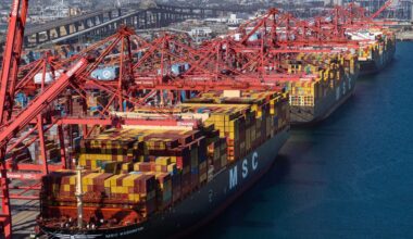 Aerial photo of MSC ships at the port of Long Beach