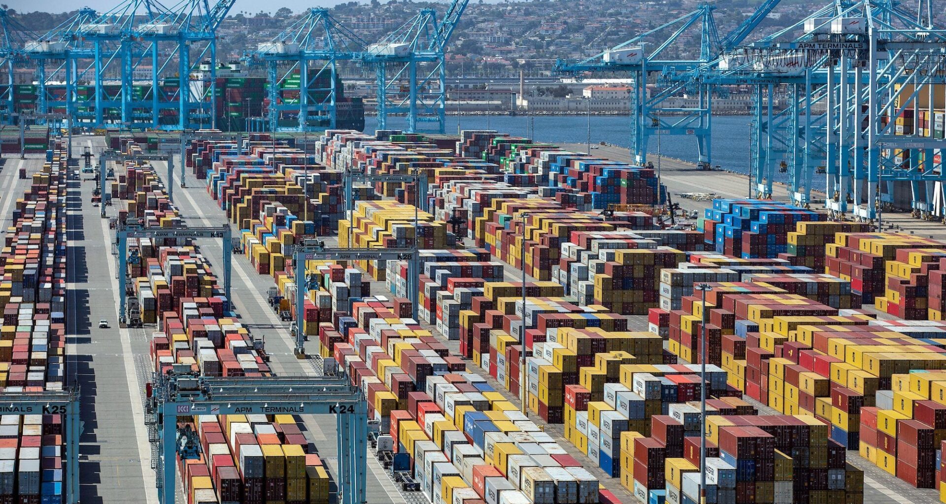 Cargo containers pile up at a marine terminal at the Port of Los Angeles.