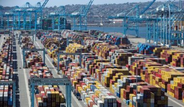 Cargo containers pile up at a marine terminal at the Port of Los Angeles.