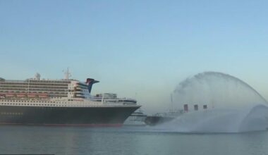 Queen Mary 2 makes a rare West Coast visit to the Queen Mary in Long Beach