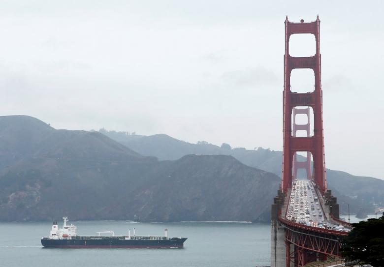 Oil Tanker Ship Passes Under San Francisco's Golden Gate Bridge