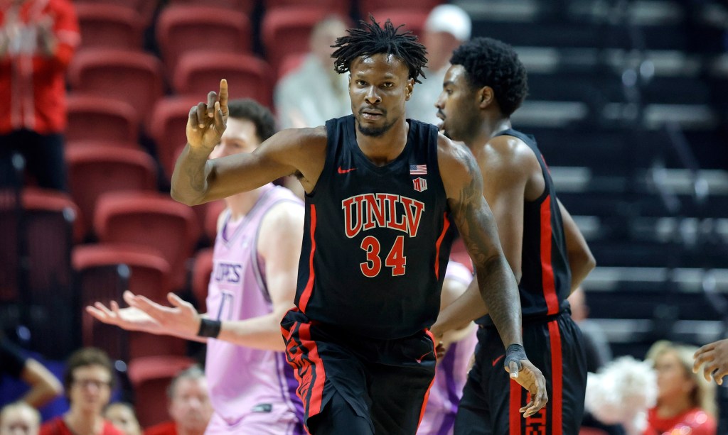 UNLV forward Emmanuel Stephen (34) reacts after making a basket against Grand Canyon.